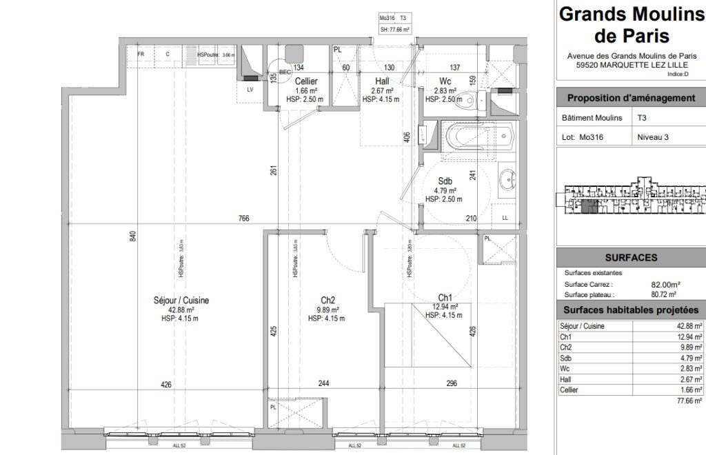 APPARTEMENT T3 A LOUER - MARQUETTE LEZ LILLE - 76.71 m2 - 933�&euro; charges comprises par mois