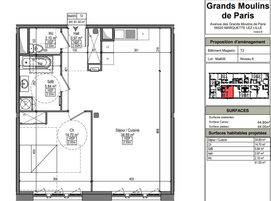 APPARTEMENT T2 A LOUER - MARQUETTE LEZ LILLE - 60.82 m2 - 816 &euro; charges comprises par mois