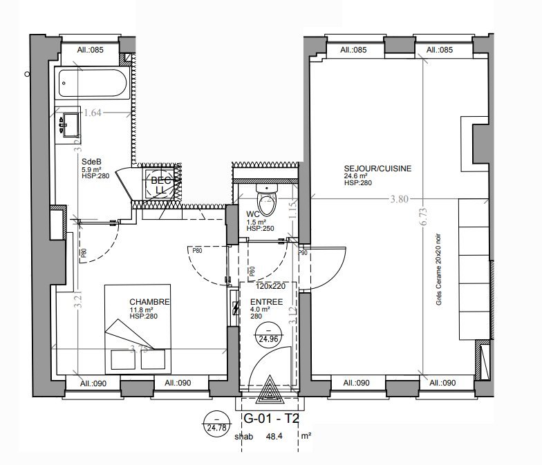 APPARTEMENT T2 A LOUER - SECLIN - 47.8 m2 - 1�210�&euro; charges comprises par mois