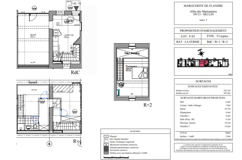 APPARTEMENT T3 A LOUER - SECLIN - 100 m2 - 900 &euro; charges comprises par mois